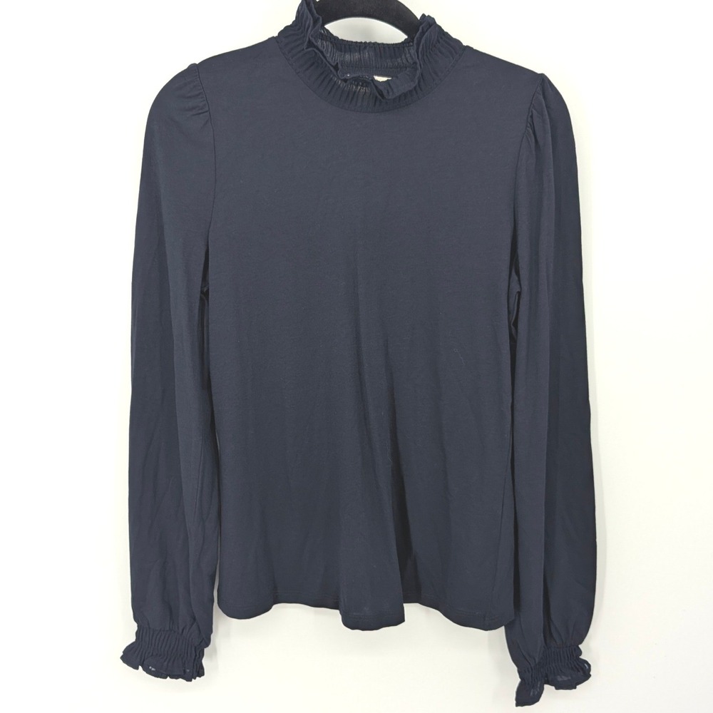 Boden Top Women‎ 4 Navy Blue Smocked Ruffle Neck Long Sleeve Office Lightweight